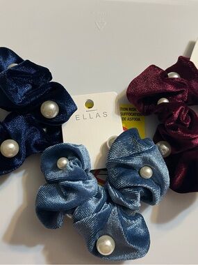 ELLAS Faux Pearl-Accent Hair Scrunchies - Navy, Light Blue, Burgundy NWT Set